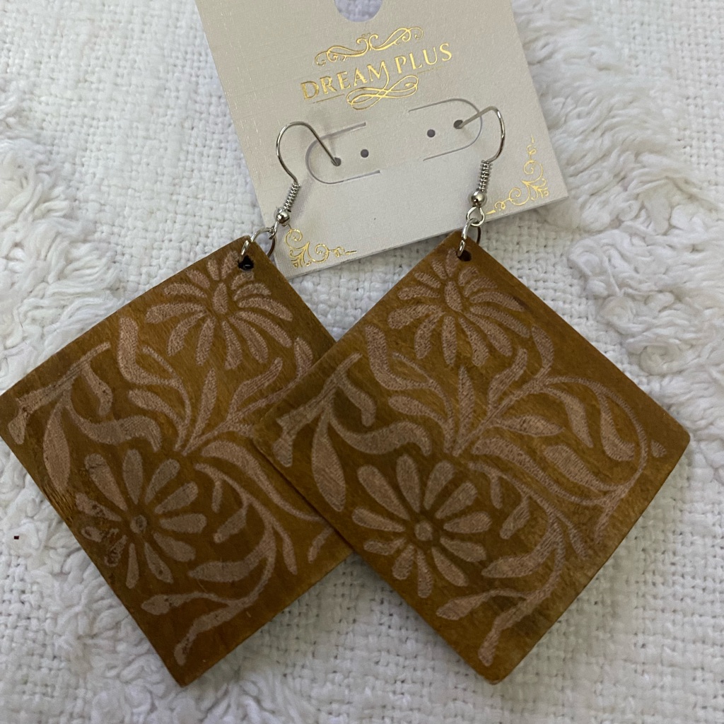 Wooden Carved Square Pierced Earrings New